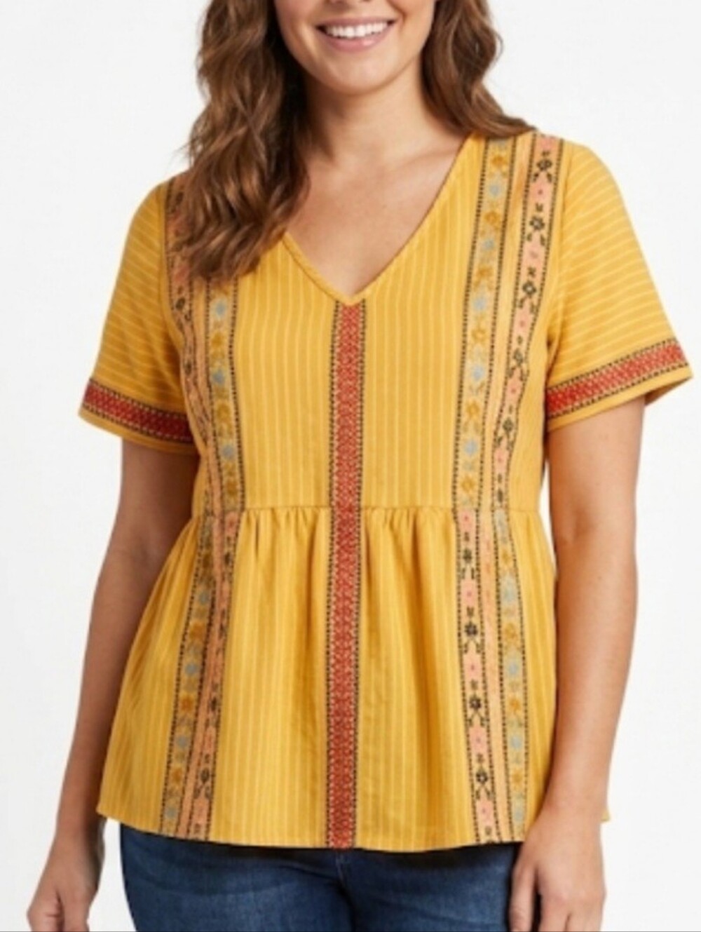 THML Mustard and Red Embroidered Babydoll Shortsleeve Top Size Small Boho